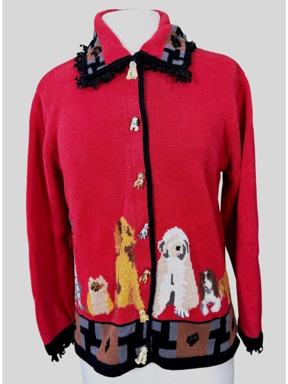Storybook Knits Long Sleeve Dog Breed Vintage Cardigan Decorative Dog Buttons M